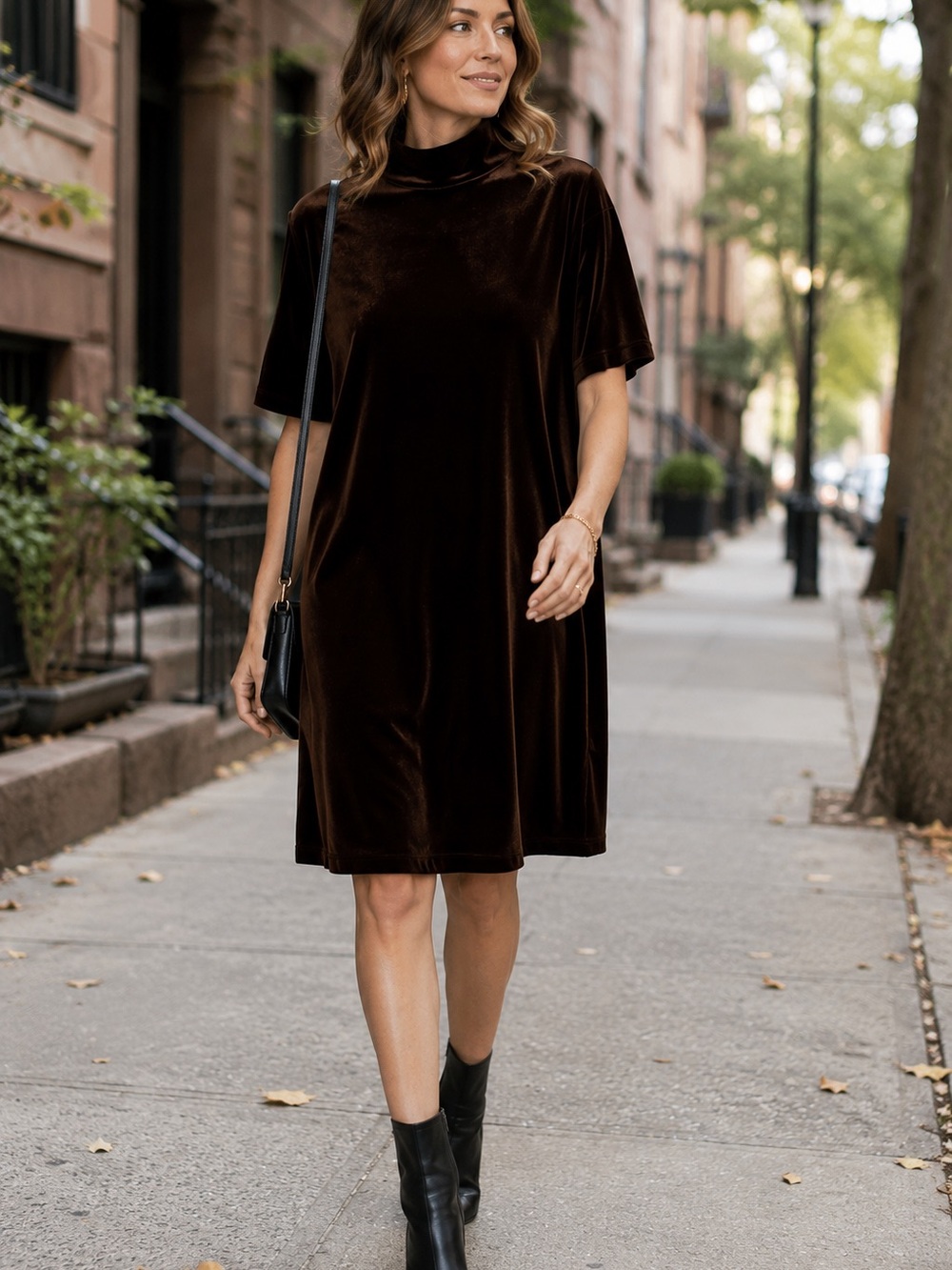 Jacqueline Ferrar 90s Vintage Velvet Turtleneck Shift Dress in Dark Brown